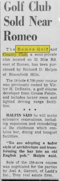 Romeo Golf & Country Club - Jan 1969 For Sale